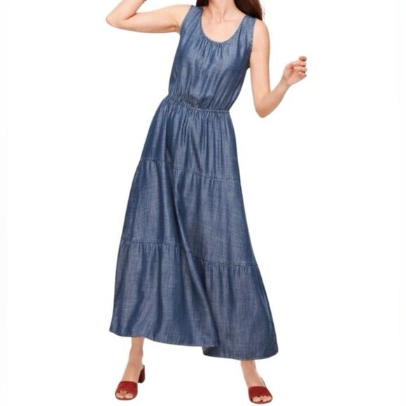 Talbots Tiered Chambray Maxi Dress in Blue Women’s 12P - Picture 1 of 5
